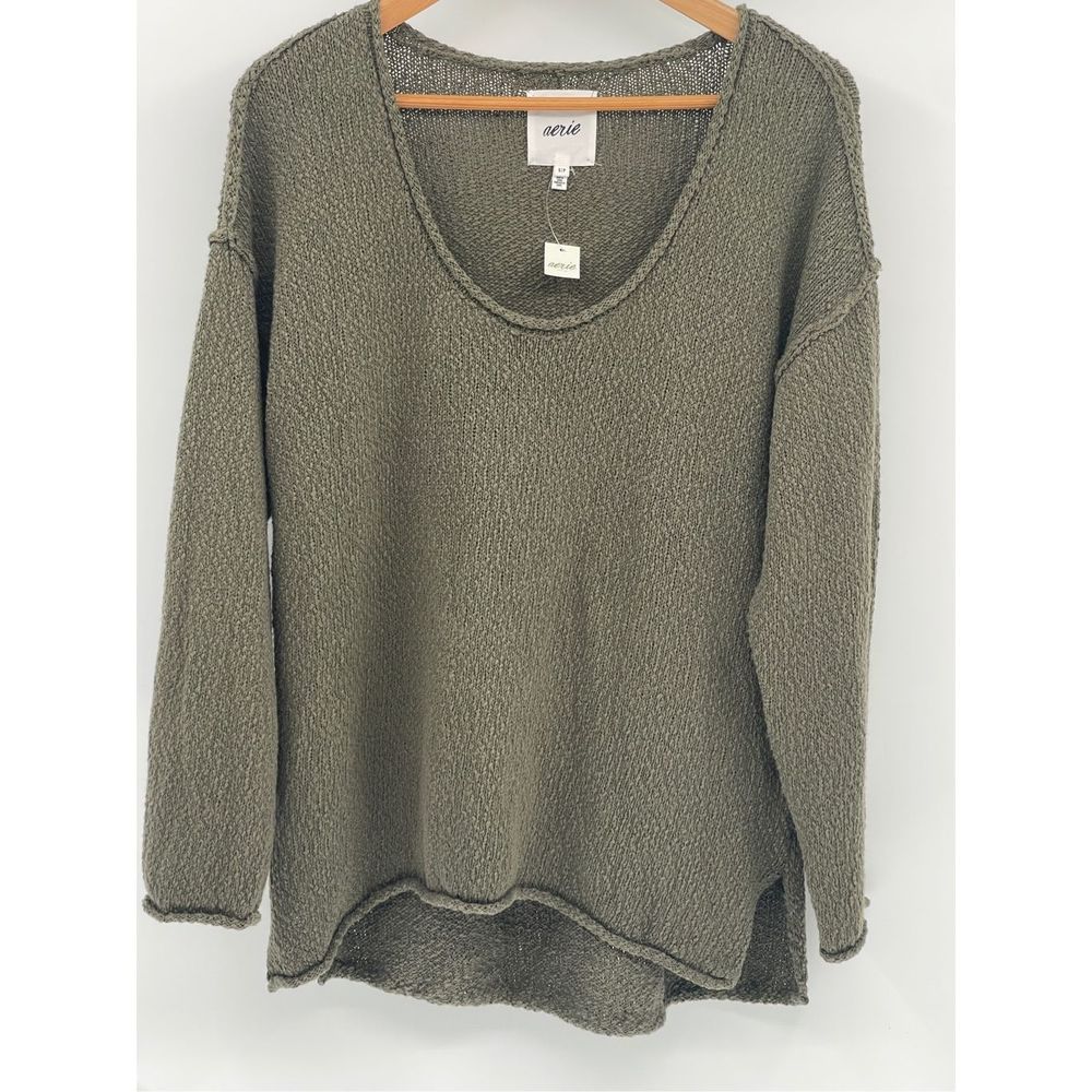 Aerie Sweater‎ Women Size Small Green Wide Roll V Neck Roll Sleeve New